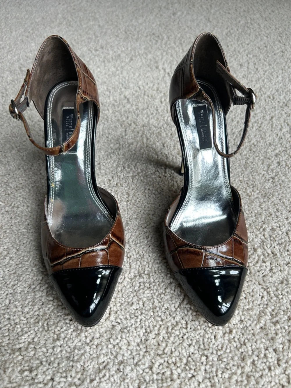 White House, Black market brown, and black reptile design patent high heels